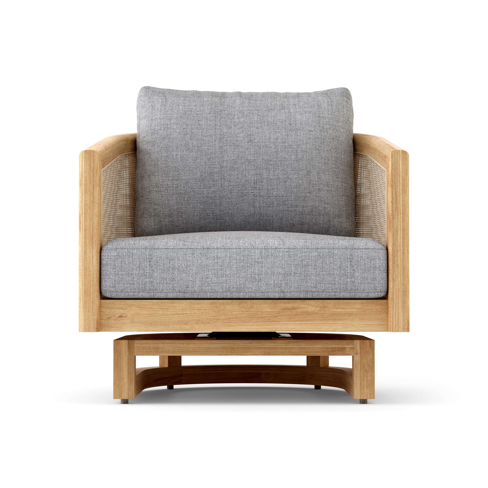 Wooden armchair with gray cushion on a white background