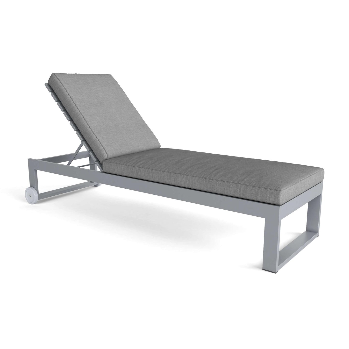Gray outdoor lounge chair with cushion on a white background
