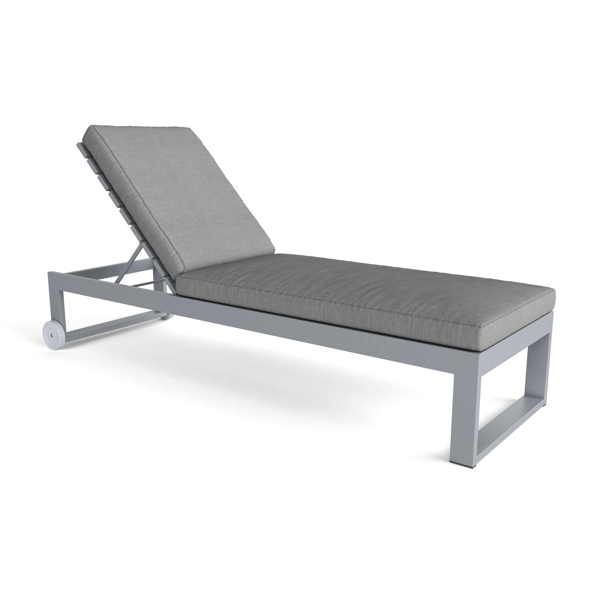 Gray outdoor lounge chair with cushion on a white background