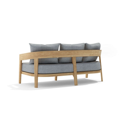 Wooden sofa with gray cushions on a white background