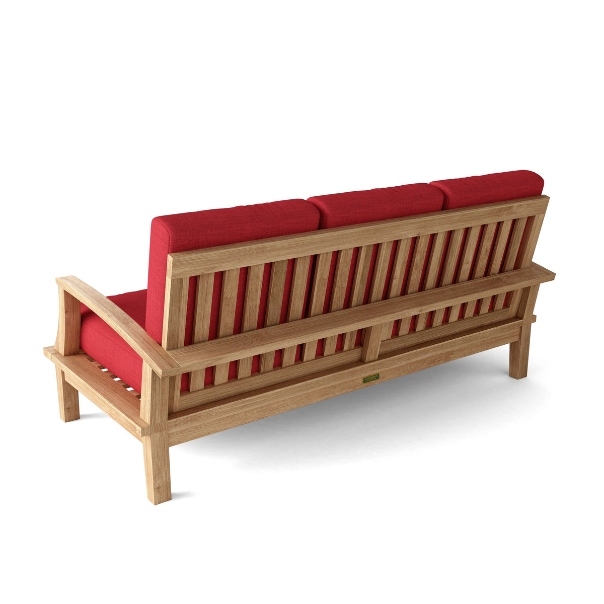 Anderson Teak Brianna Deep Seating Sofa - side profile of teak sofa with cushions on patio