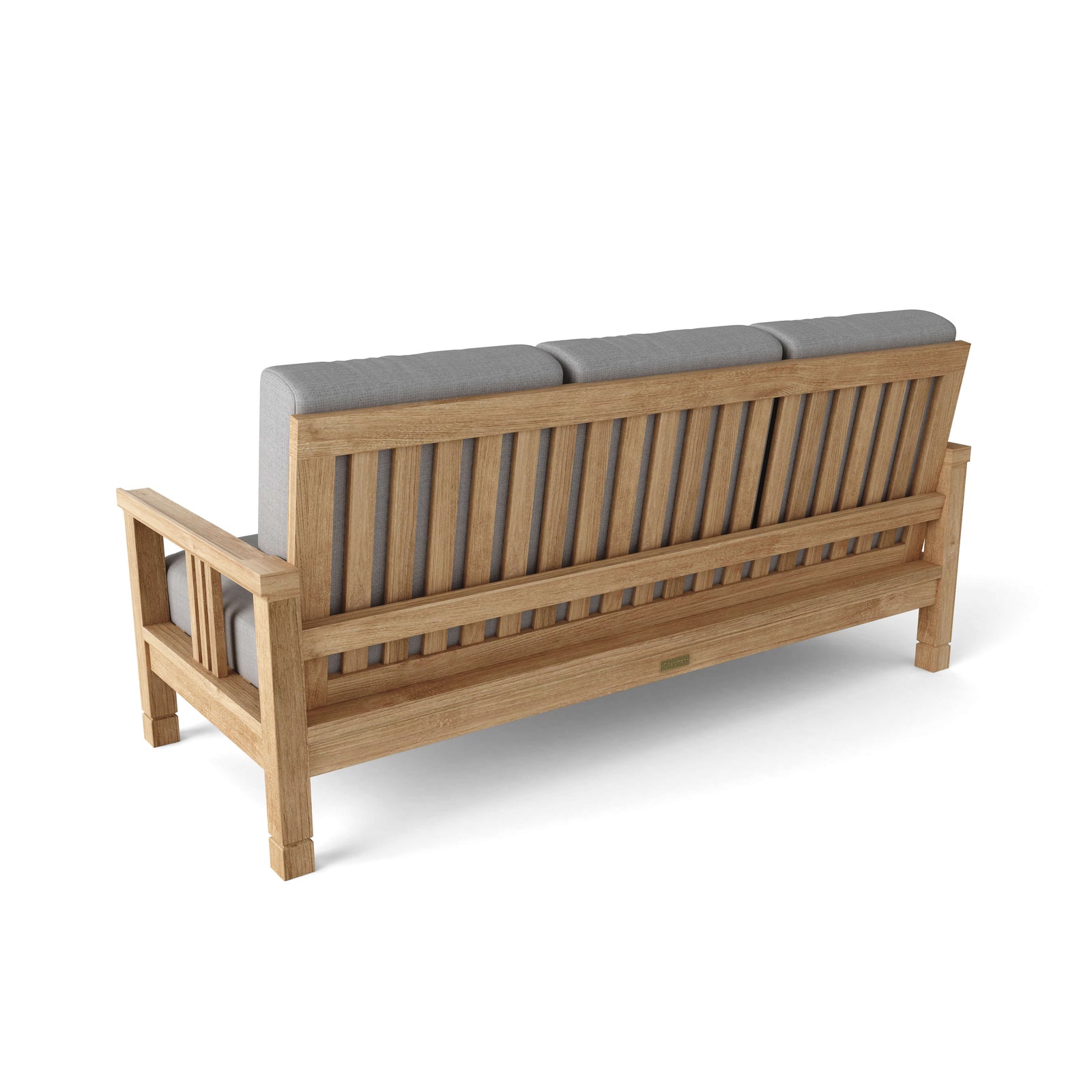 Wooden bench with gray cushions on a white background