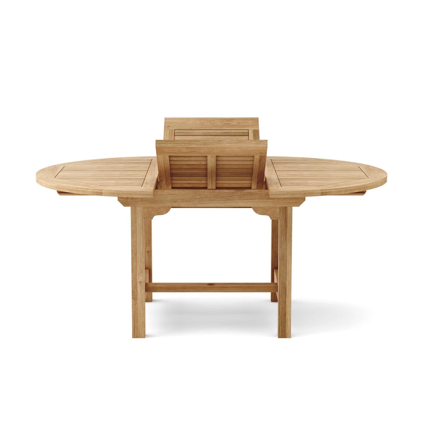 Wooden outdoor table with extendable leaves on a white background