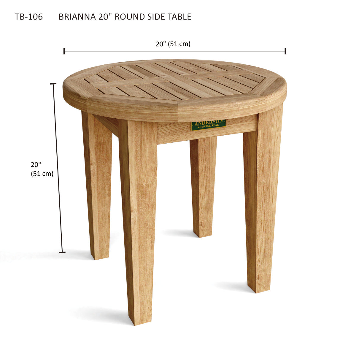 Wooden round side table with dimensions on a white background