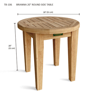 Wooden round side table with dimensions on a white background