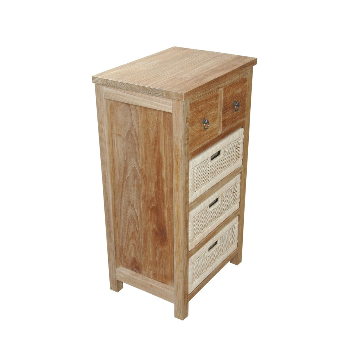 Wooden cabinet with a top drawer and two woven basket drawers on a white background