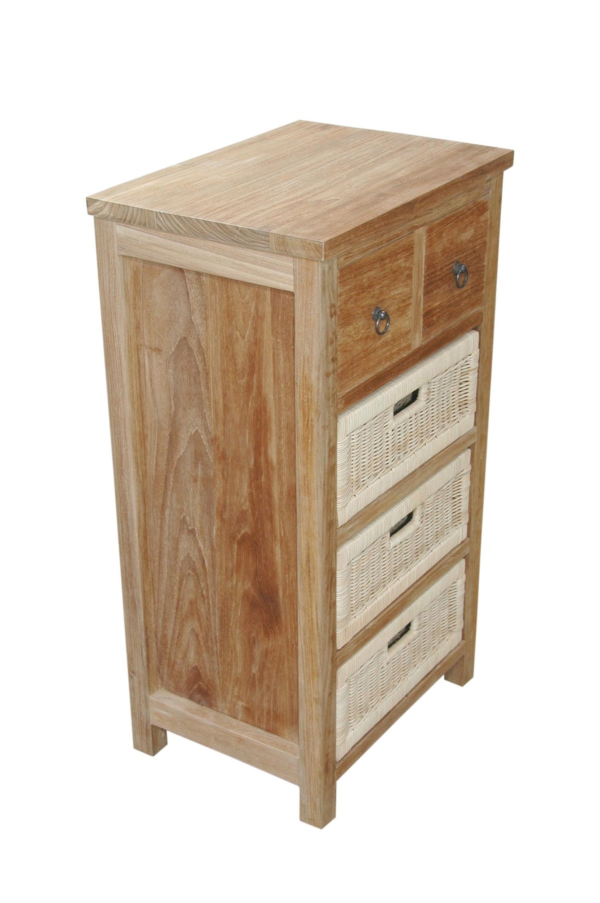 Wooden cabinet with a top drawer and two woven basket drawers on a white background