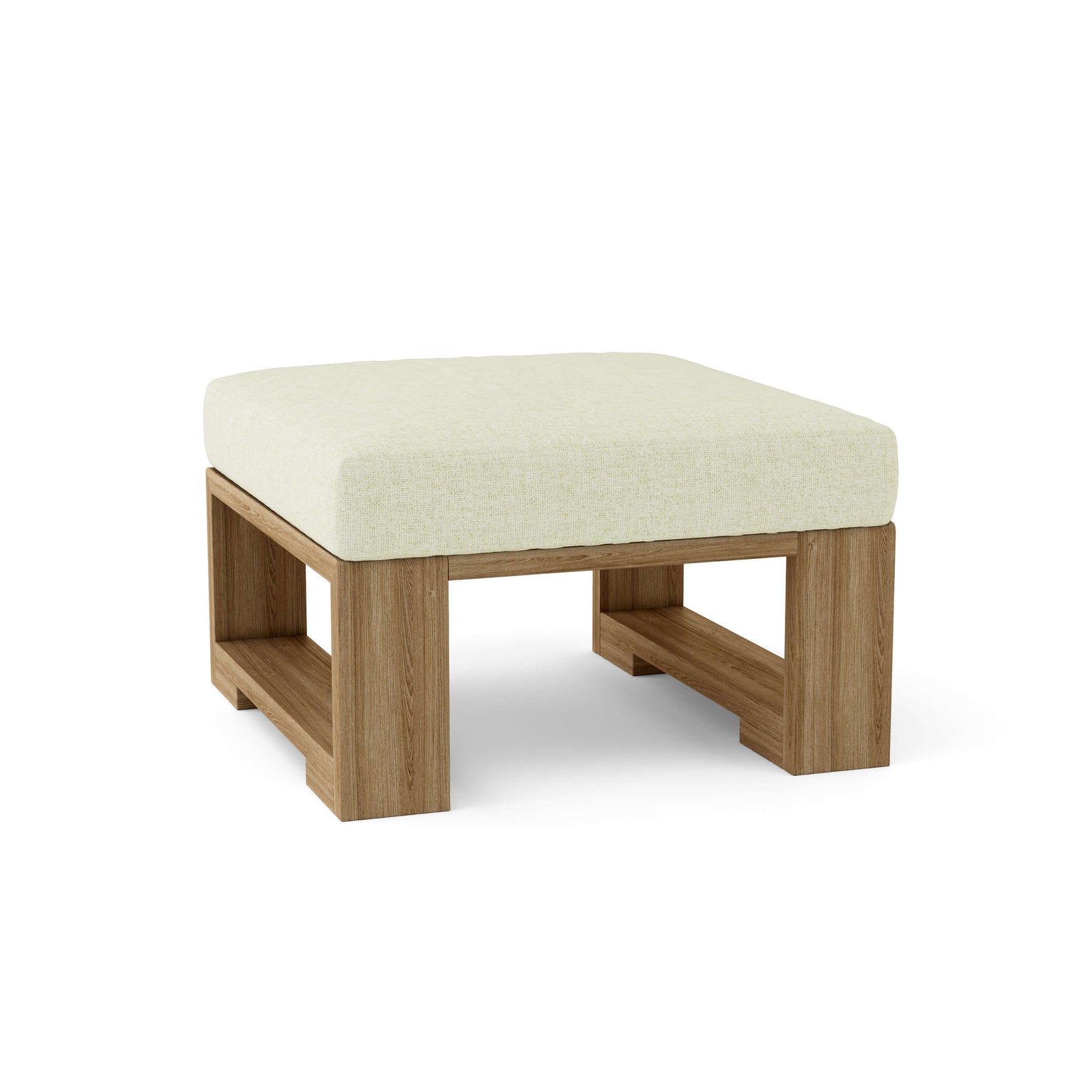 Wooden ottoman with a beige cushion on a white background