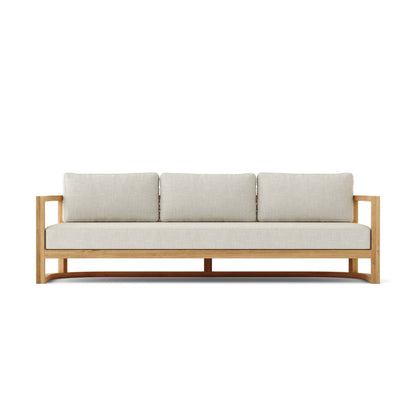 Sofa with light wooden frame and beige cushions on a white background