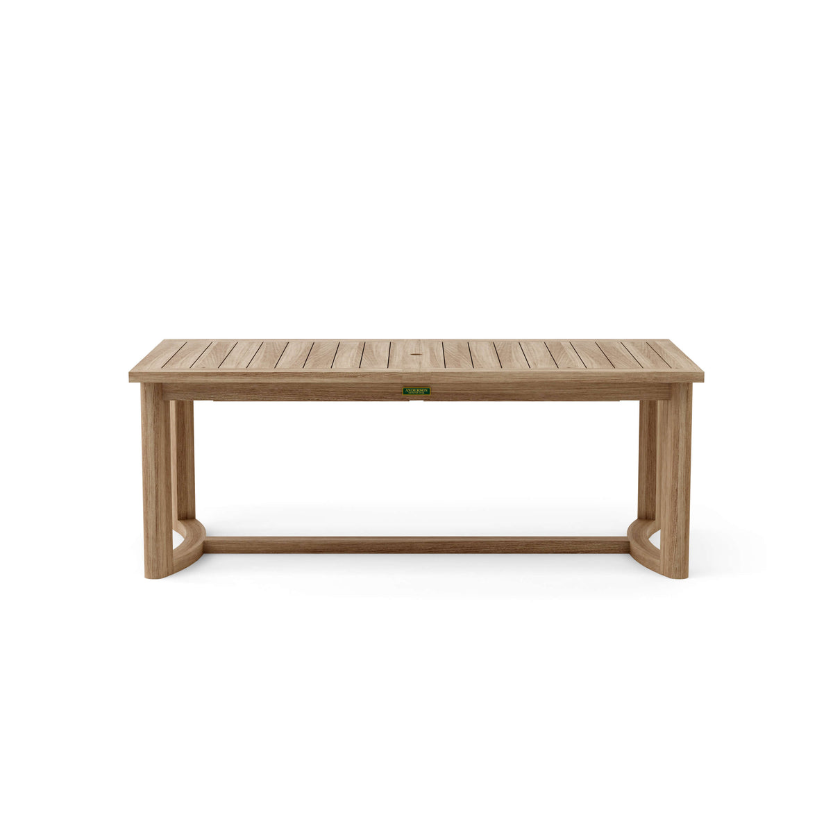 Wooden table with a visible brand logo on a white background