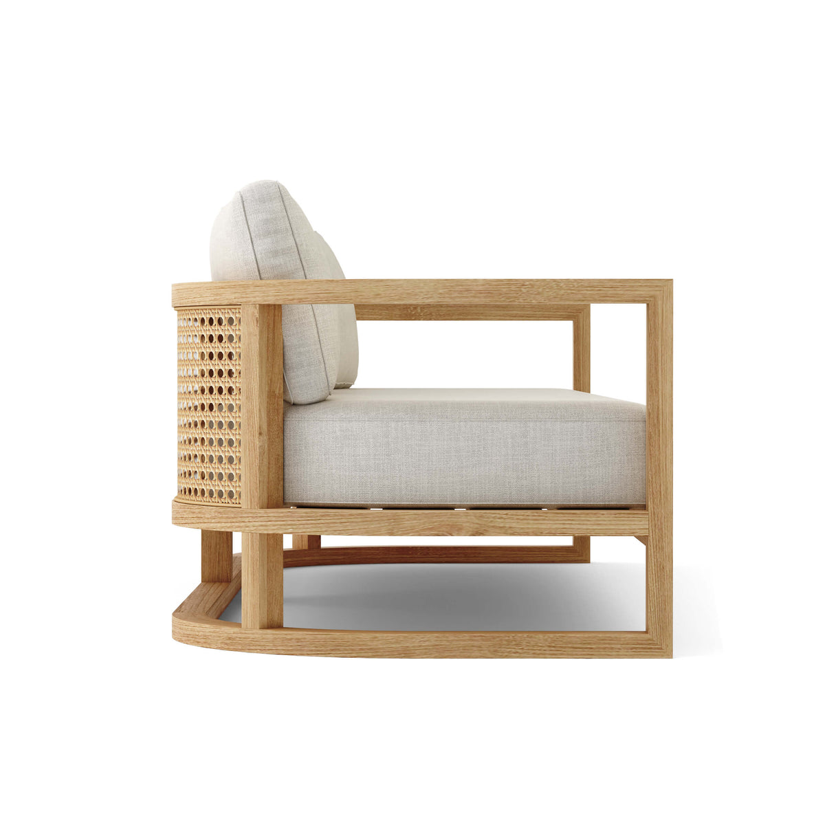 Wooden armchair with wicker backrest and beige cushion on a white background