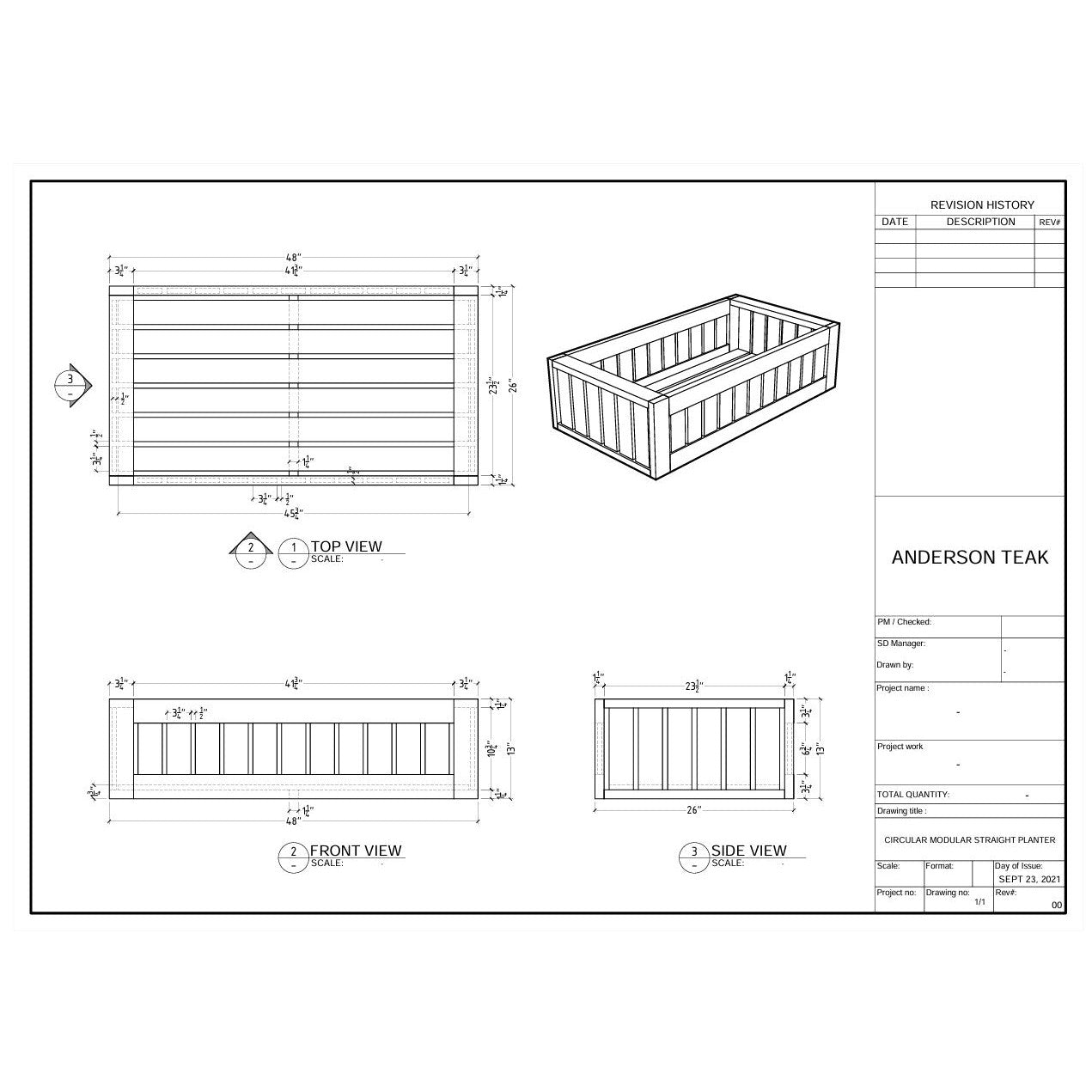 Technical drawing of a wooden crate with dimensions and views labeled