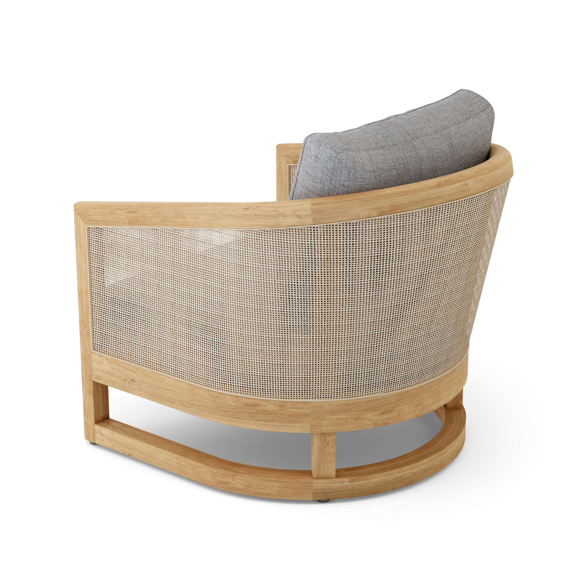 Wooden armchair with woven backrest and gray cushion on a white background