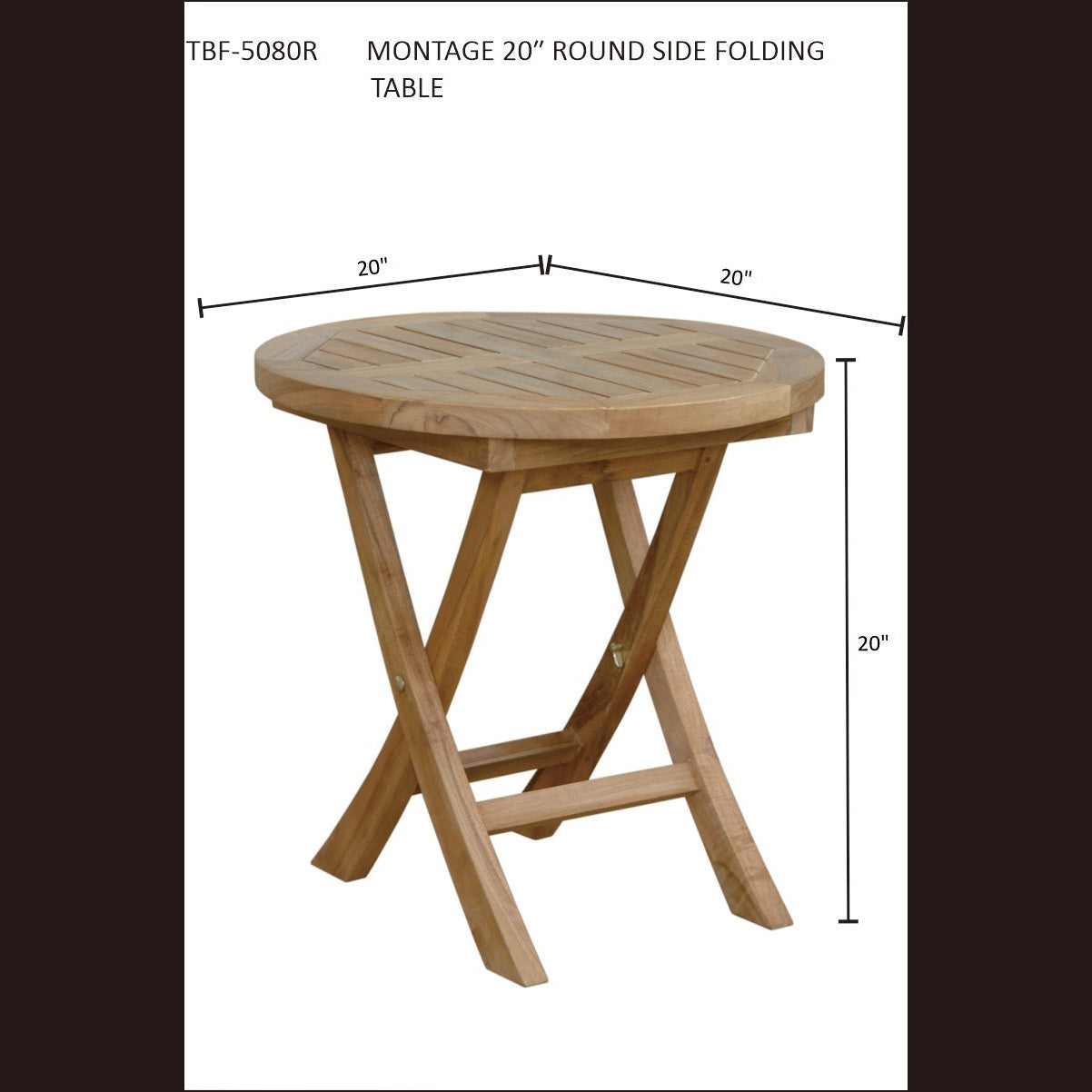 Wooden round side folding table with dimensions on a white background