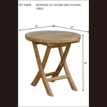 Wooden round side folding table with dimensions on a white background