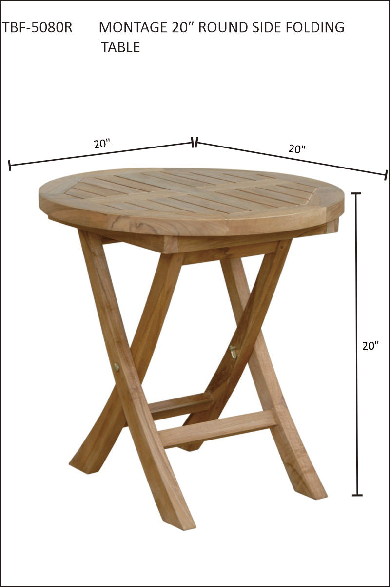 Wooden round side folding table with dimensions on a white background
