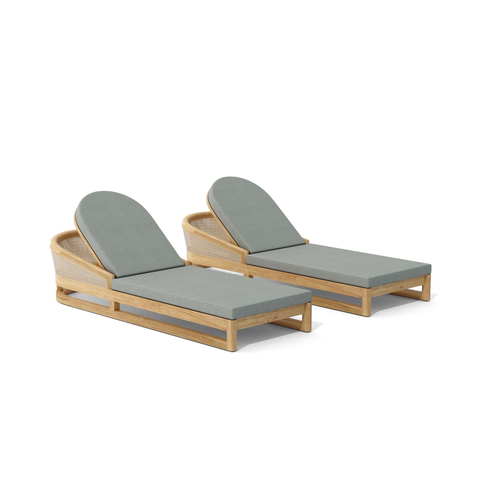 Two wooden lounge chairs with gray cushions on a white background