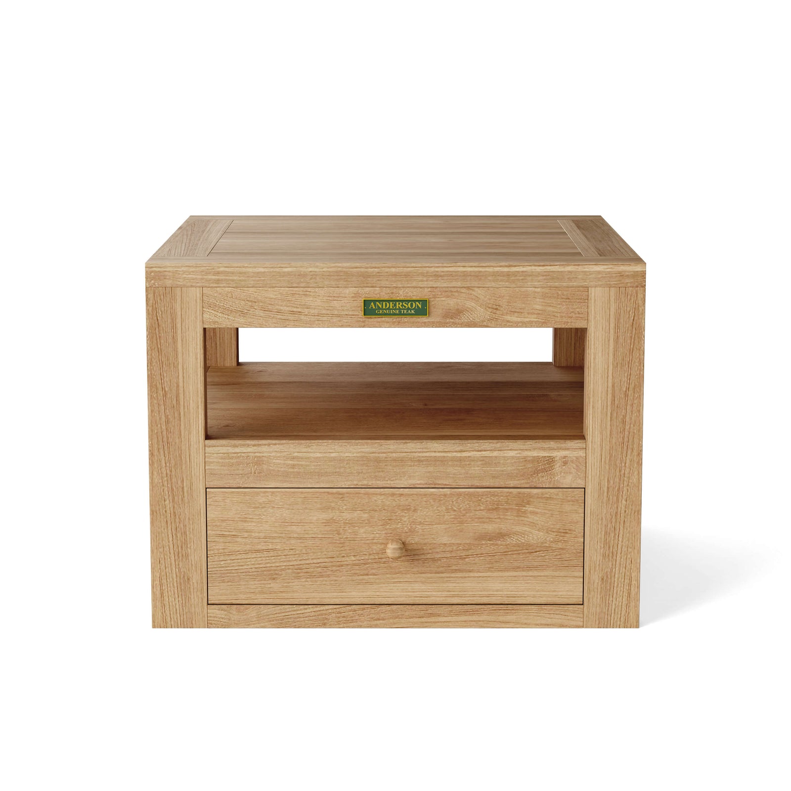 Wooden side table with a drawer and 'Anderson' brand logo on a white background