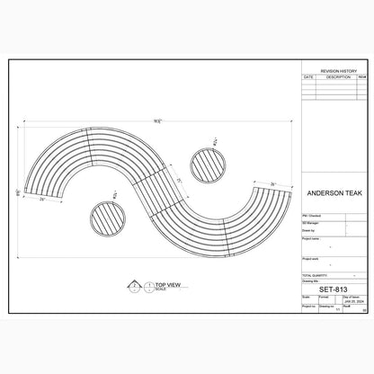 Technical drawing of a curved piece of furniture with dimensions and labels on a white background.