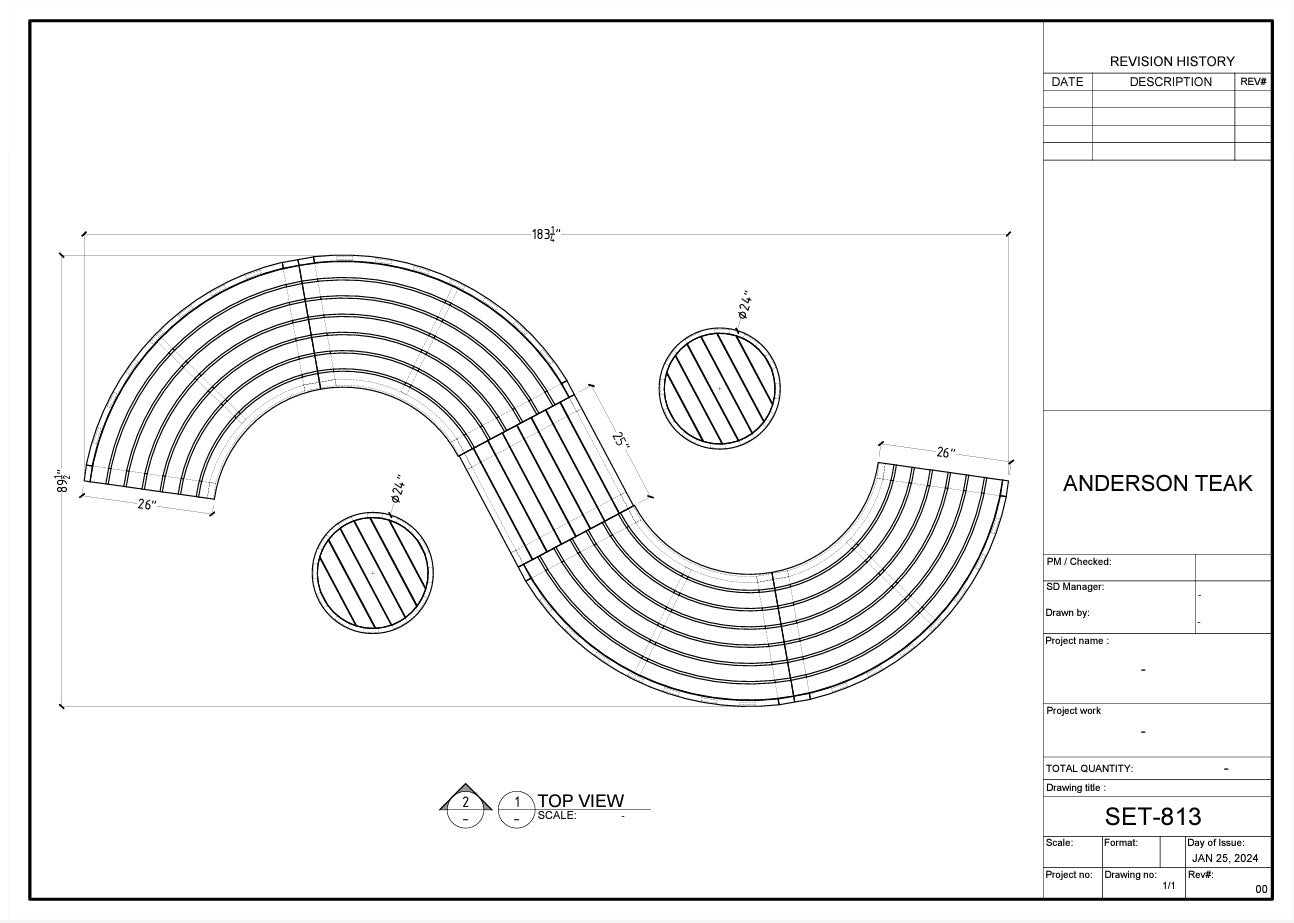 Technical drawing of a curved piece of furniture with dimensions and labels on a white background.