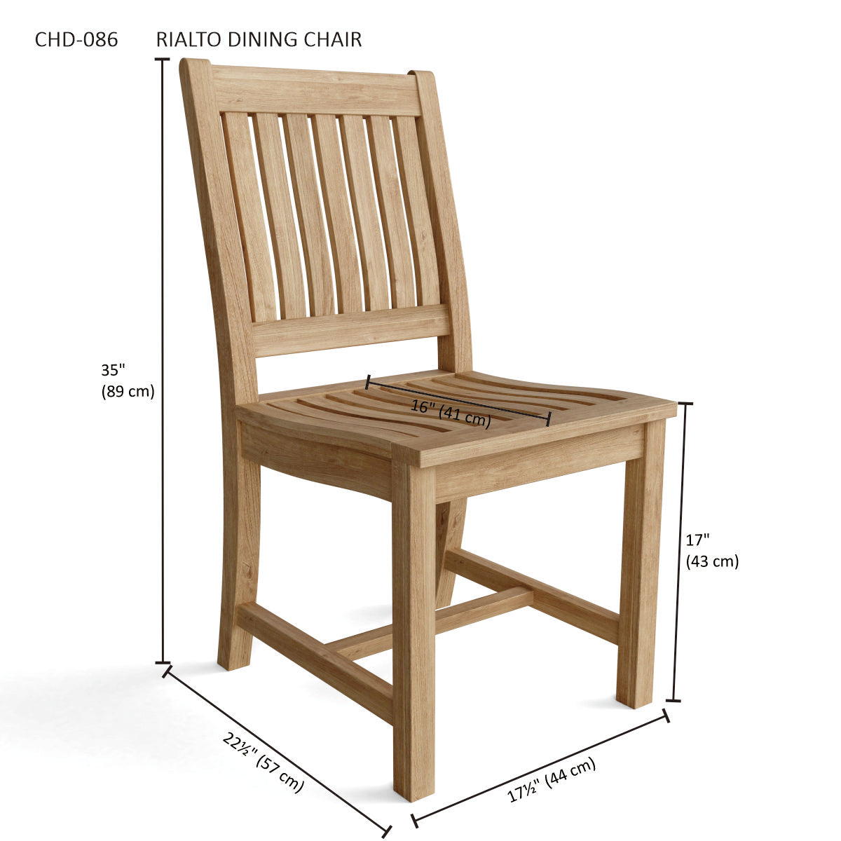 Wooden dining chair with dimensions labeled on a white background