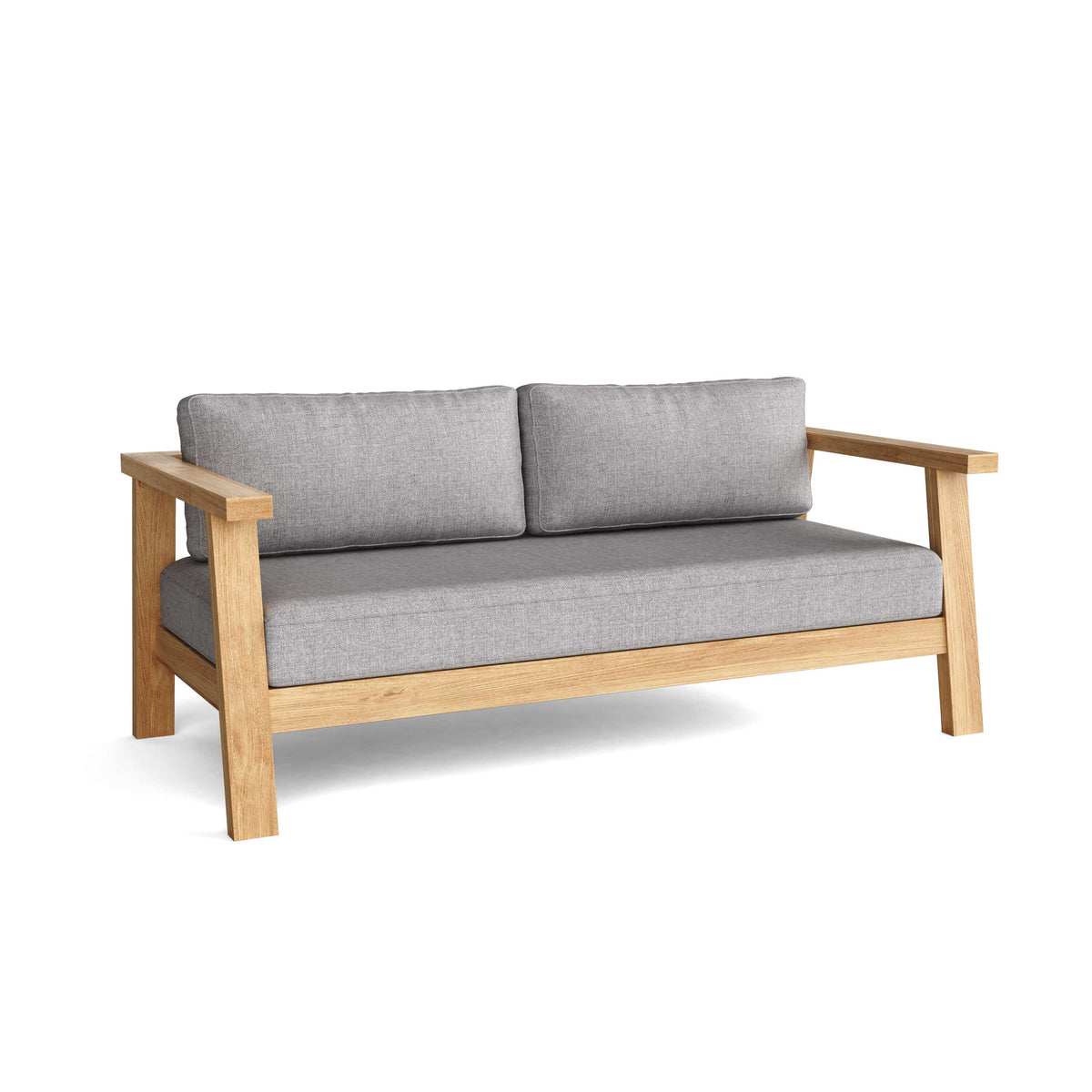 Wooden sofa with gray cushions on a white background
