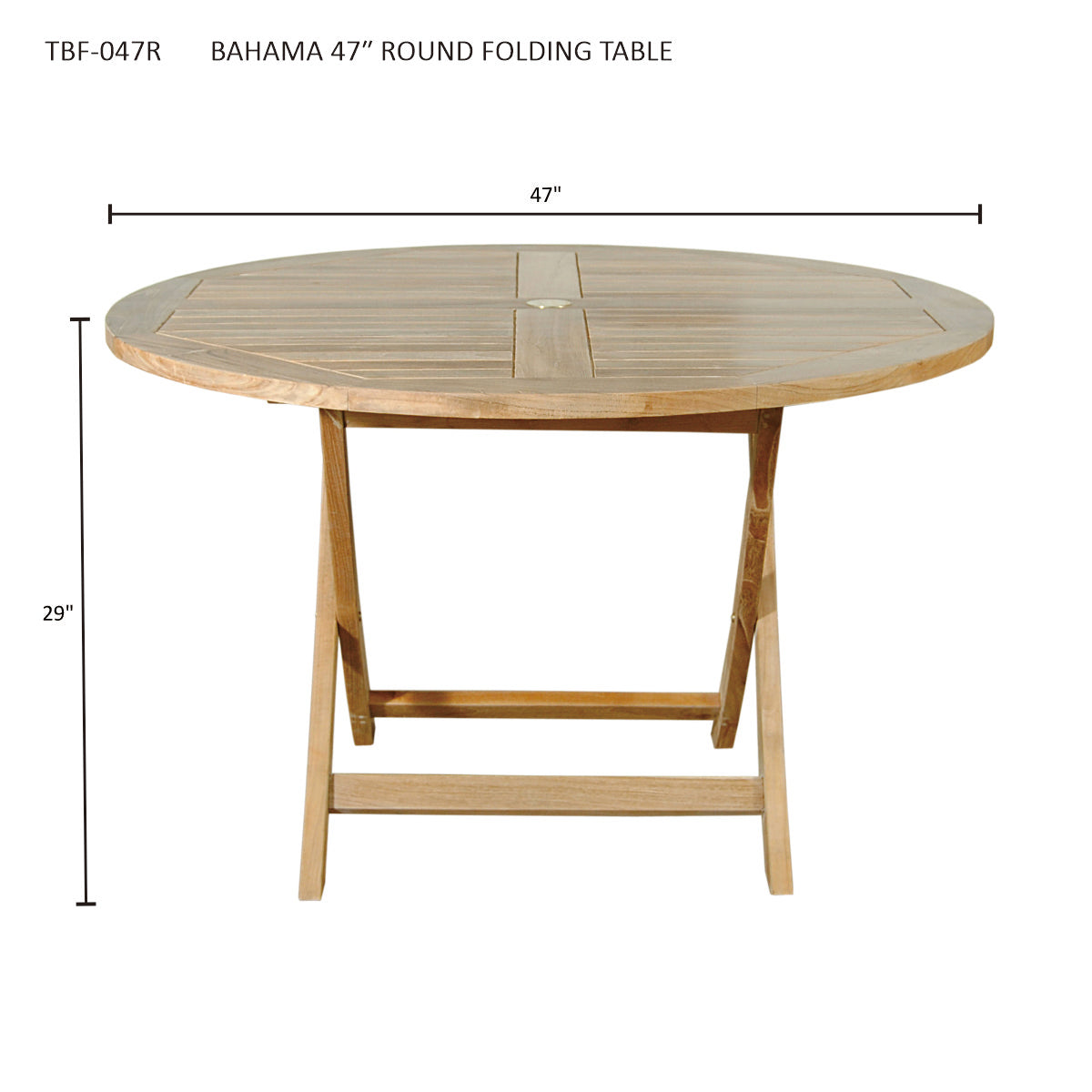 Round folding table with dimensions on a white background