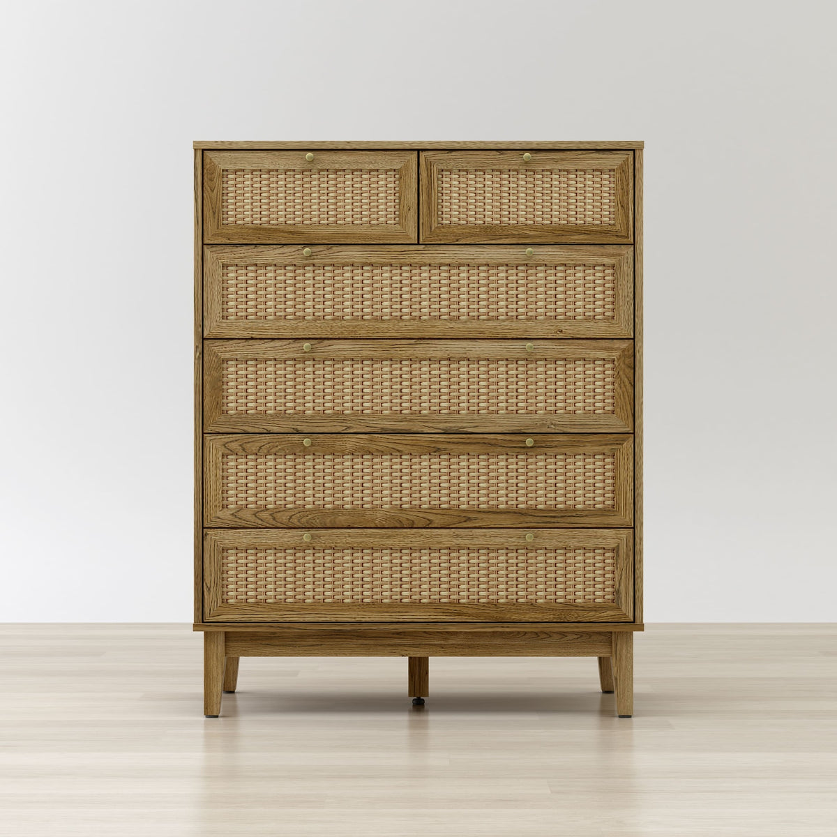 Wooden dresser with wicker-like drawer fronts on a white background