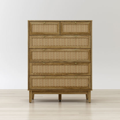 Wooden dresser with wicker-like drawer fronts on a white background