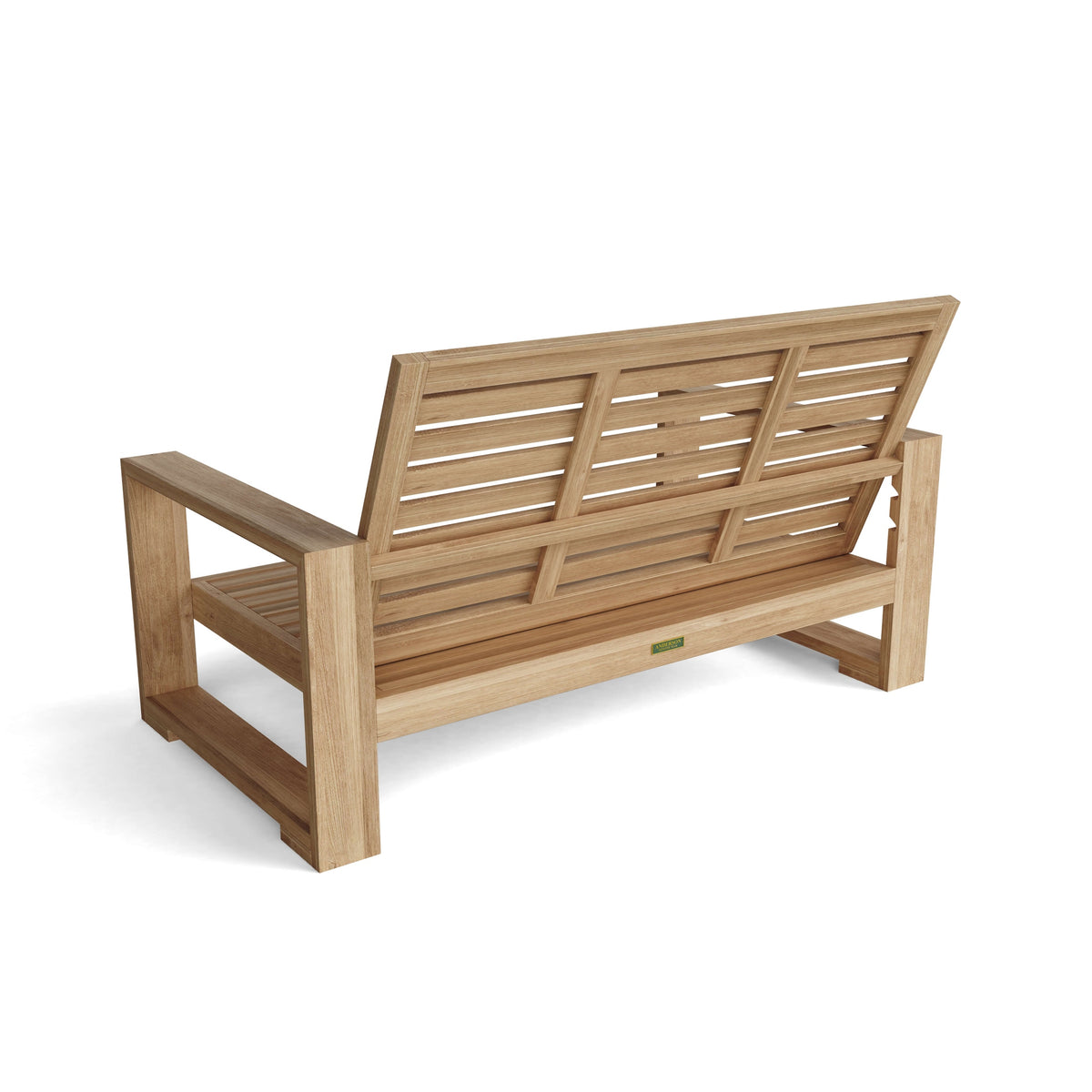 Anderson Teak Capistrano Deep Seating Loveseat - rear three-quarter view of teak loveseat