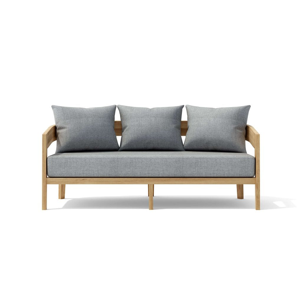 Sofa with wooden frame and gray cushions on a white background