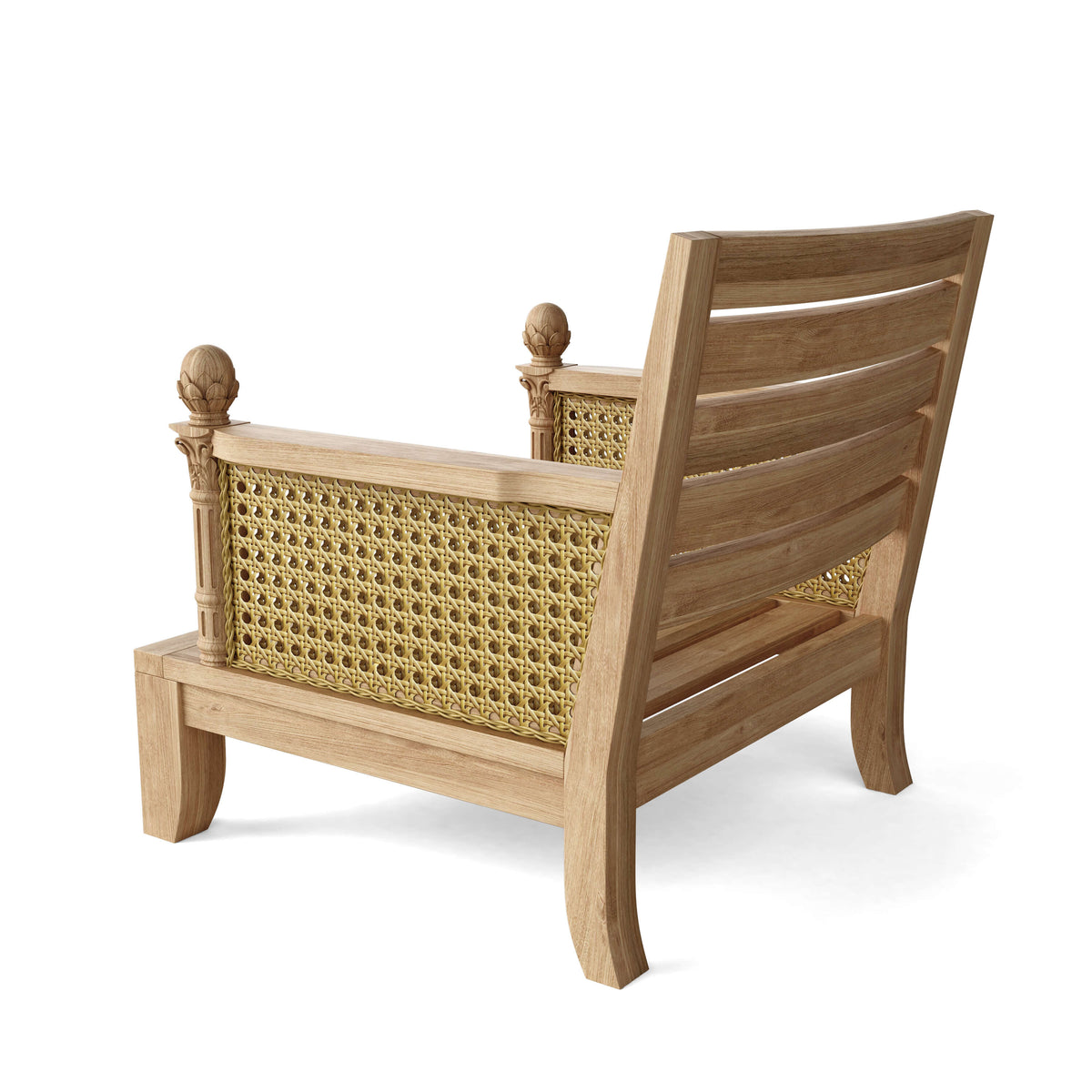 Wooden bench with wicker backrest on a white background