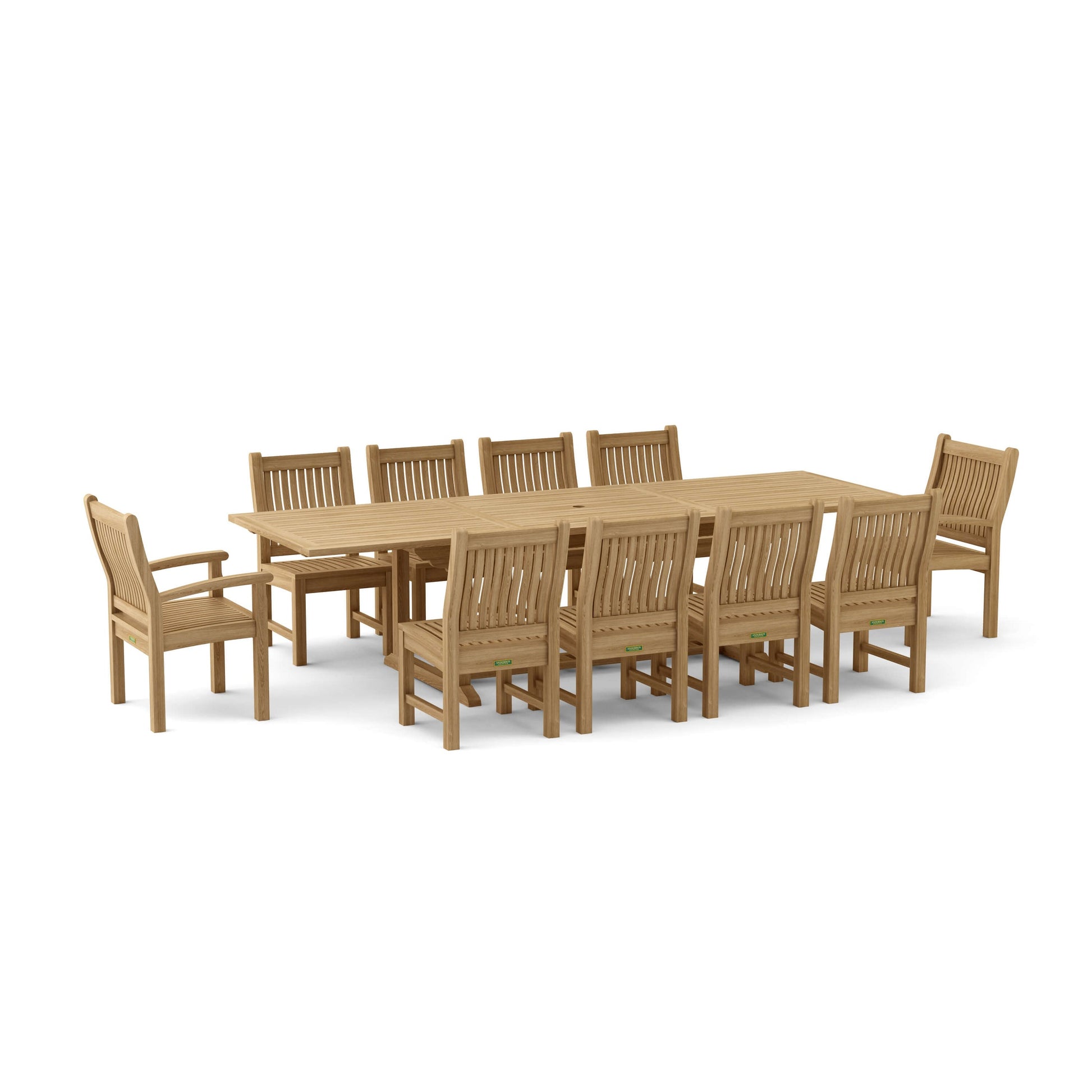 Wooden outdoor dining set with table and chairs on a white background