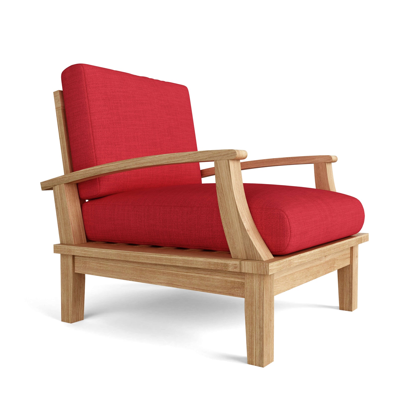Wooden armchair with red cushions on a white background