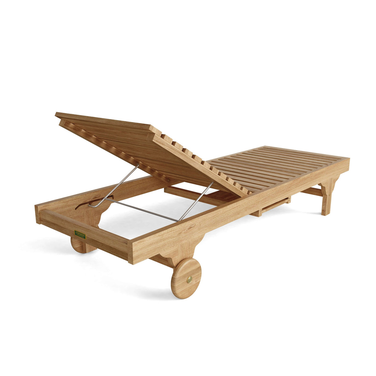 Wooden outdoor lounge chair with wheels on a white background