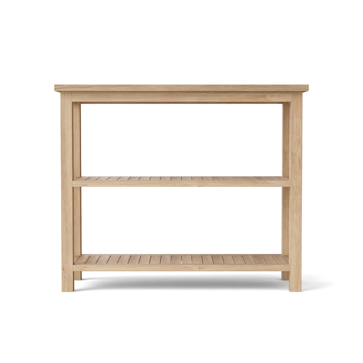 Wooden console table with two shelves on a white background