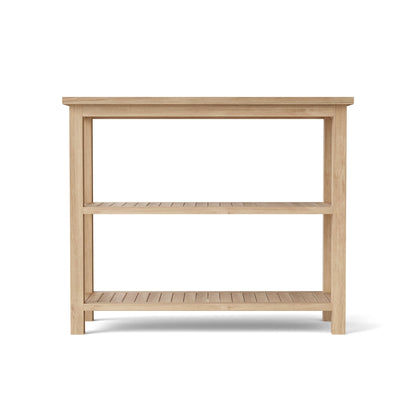 Wooden console table with two shelves on a white background