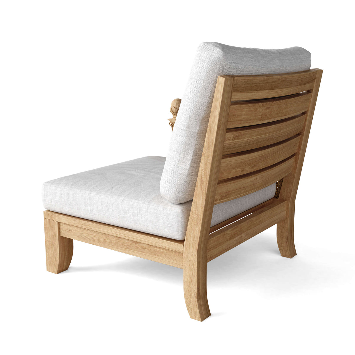 Wooden outdoor chair with white cushions on a white background