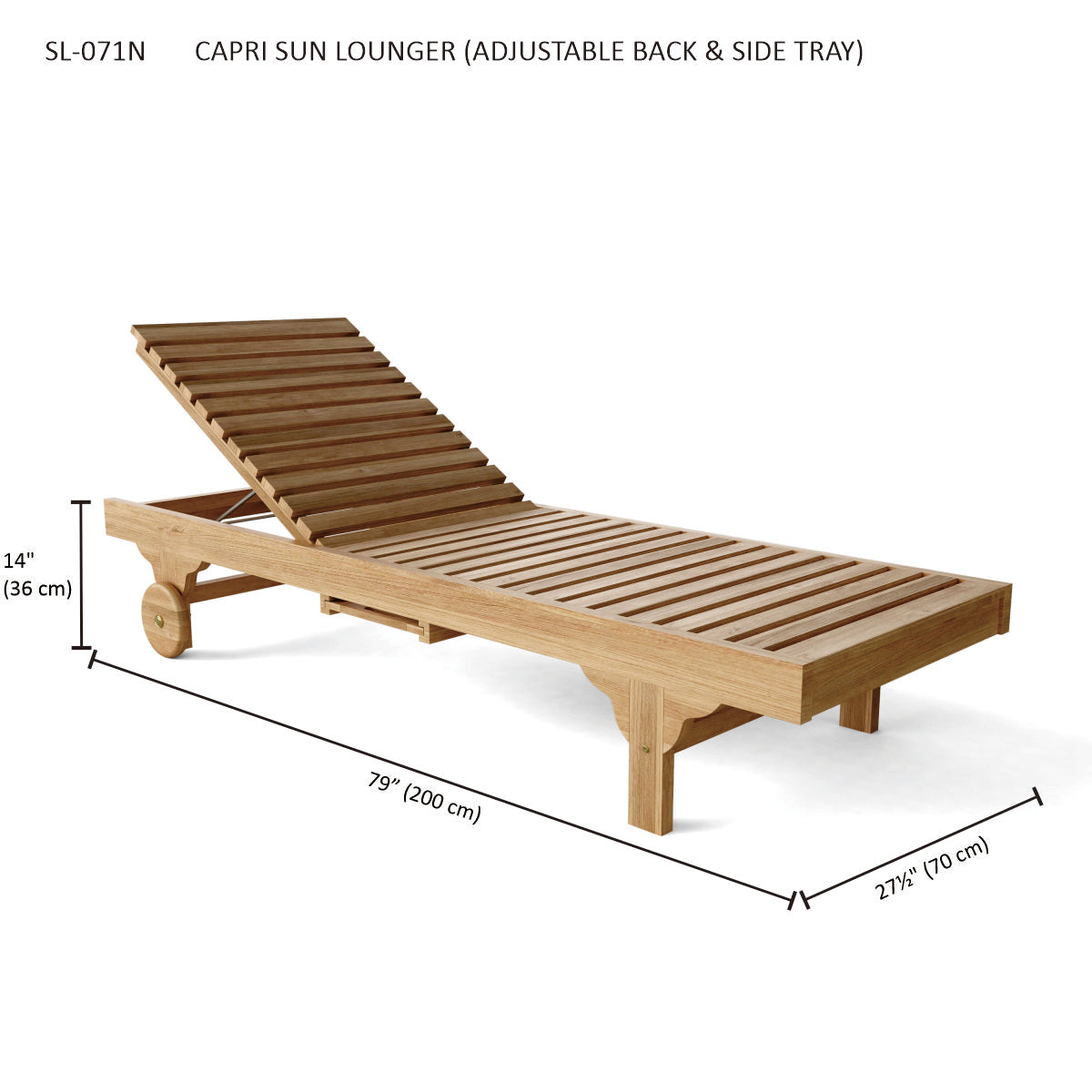 Wooden sun lounger with adjustable back and side tray, dimensions shown.