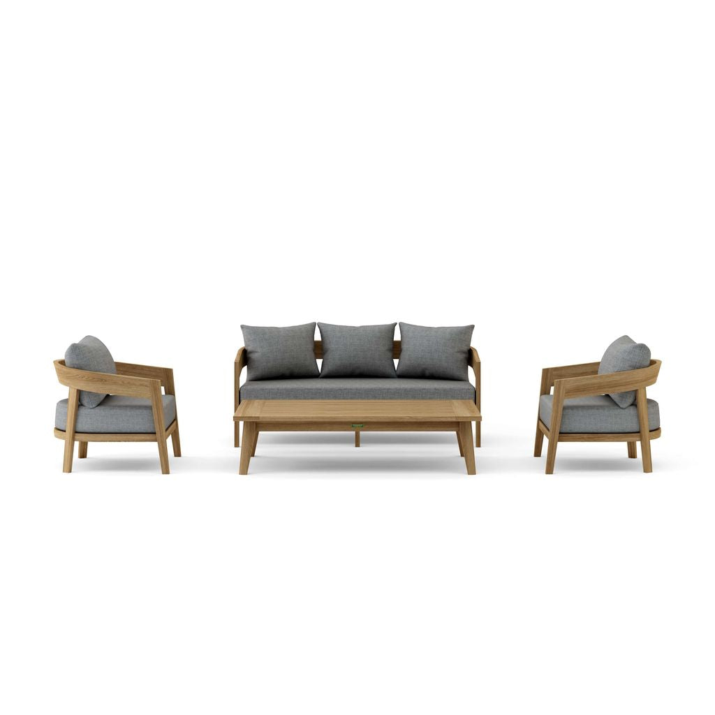 Outdoor furniture set with wooden frames and gray cushions on a white background