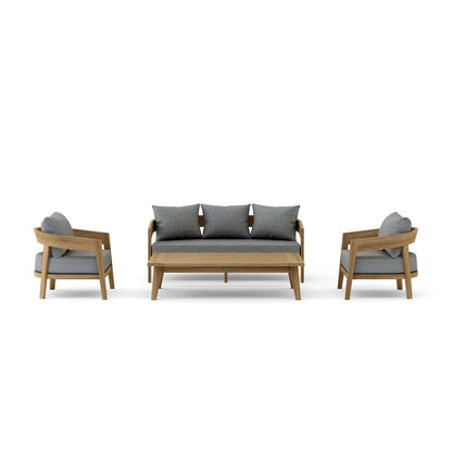 Outdoor furniture set with wooden frames and gray cushions on a white background