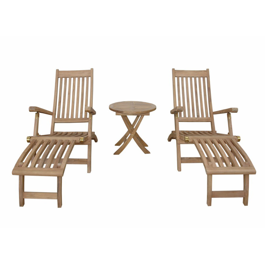 Two wooden lounge chairs with a matching side table on a white background