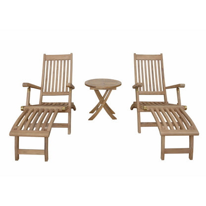 Two wooden lounge chairs with a matching side table on a white background