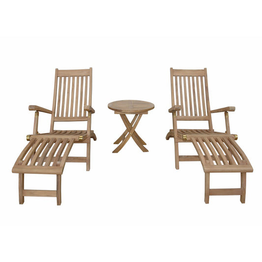 Two wooden lounge chairs with a matching side table on a white background