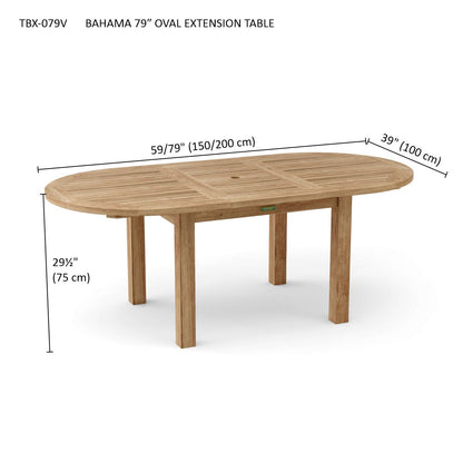 Wooden oval extension table with dimensions on a white background