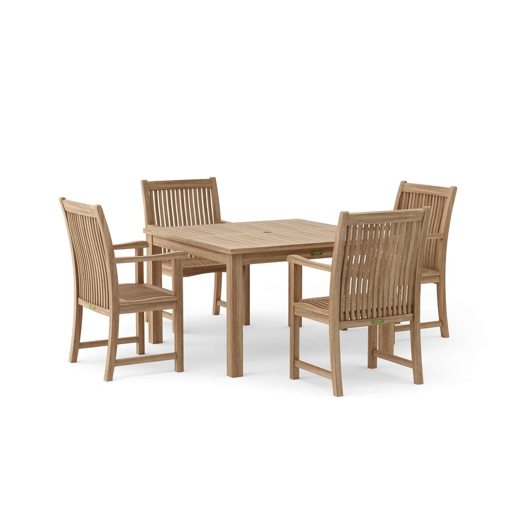 Wooden dining set with table and four chairs on a white background