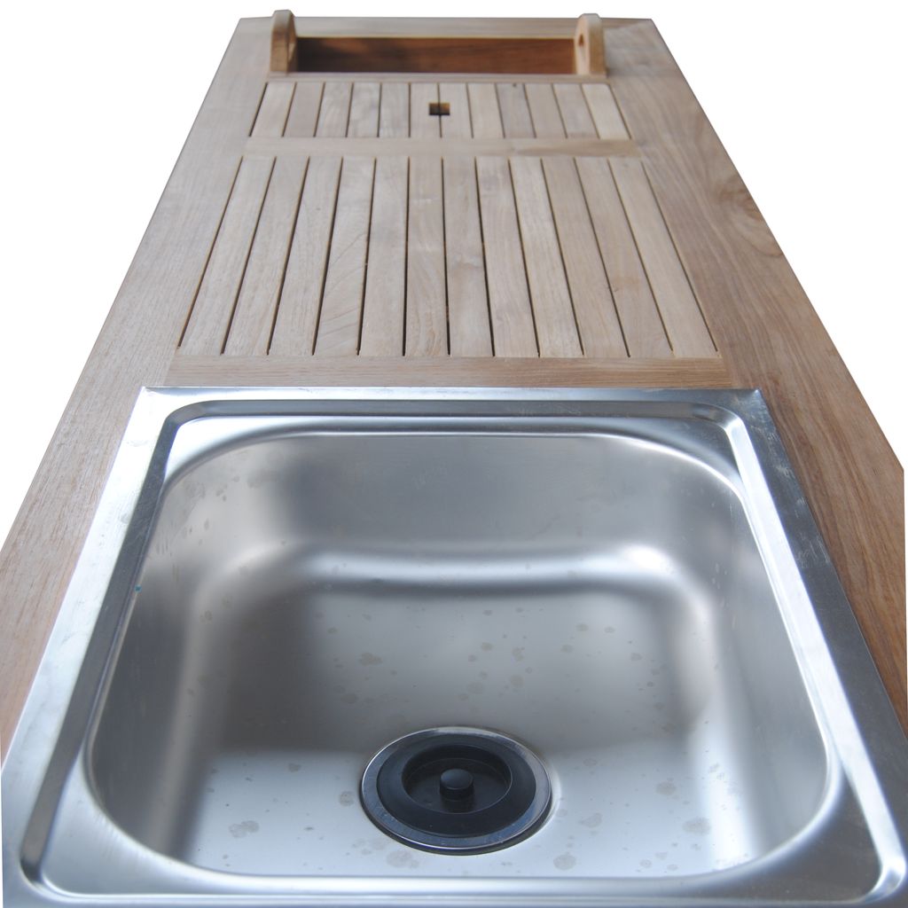 Stainless steel kitchen sink with wooden countertop