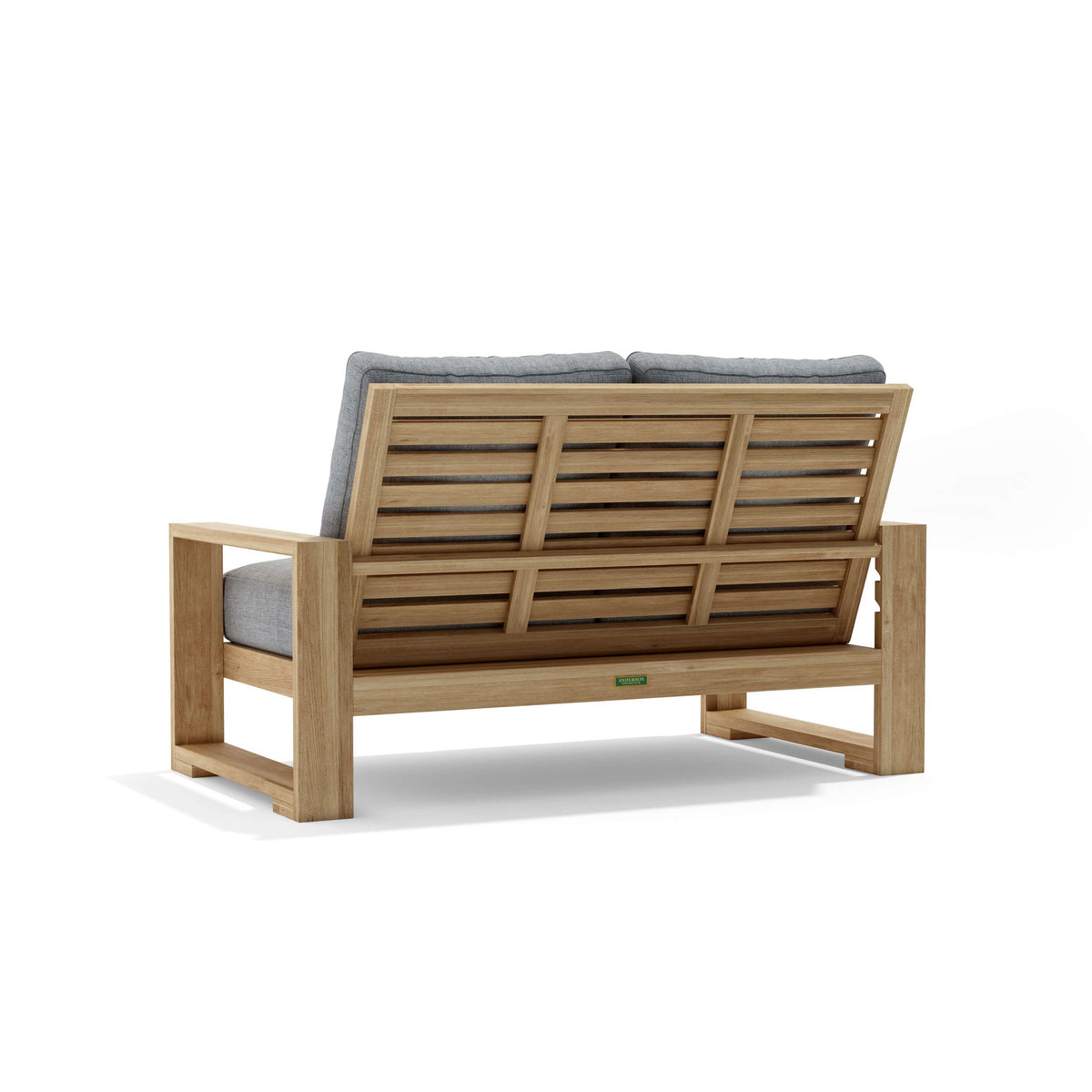 Anderson Teak Capistrano Deep Seating Loveseat - close-up of teak joinery and cushion fabric