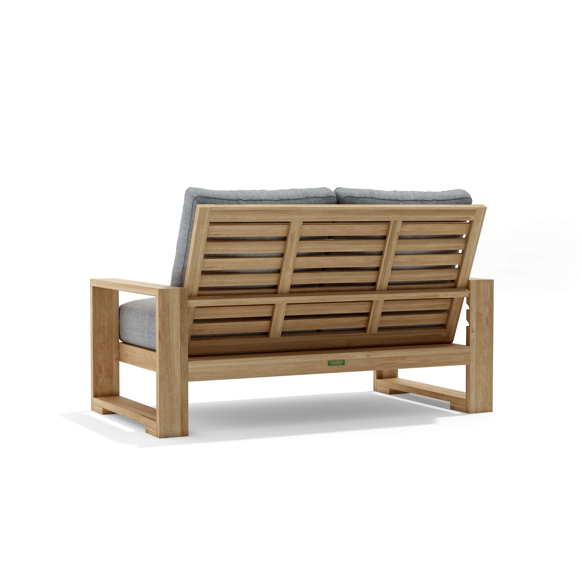 Anderson Teak Capistrano Deep Seating Loveseat - close-up of teak joinery and cushion fabric