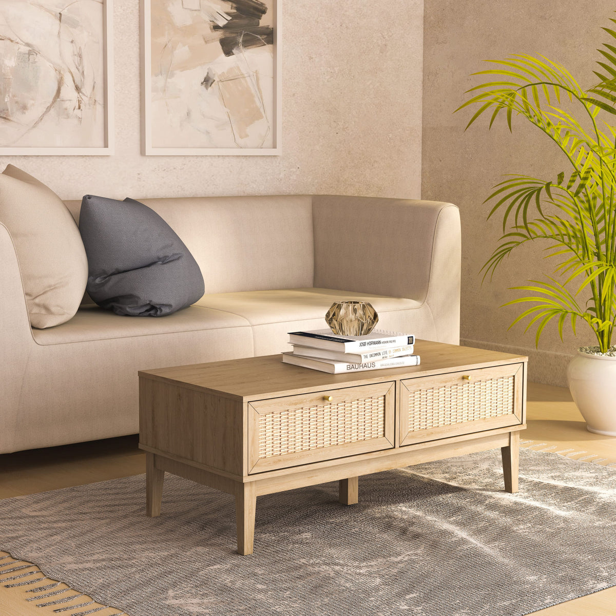 Beige sofa with a coffee table and decorative items in a living room setting.